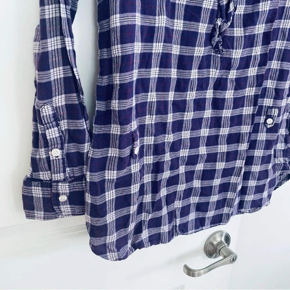AEO Cotton Plaid Ruffle Neck Long Sleeve Top Purple Size 6 - Picture 5 of 11